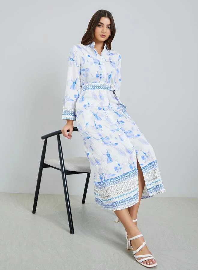 Styli  Women Blue Floral Print Collared A-Line Maxi Dress for Women | Best Price UAE
